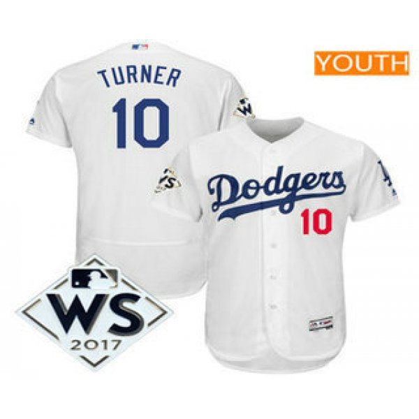 Youth Los Angeles Dodgers Justin Turner Majestic White 2017 World Series Patch Flex Base Player Jersey