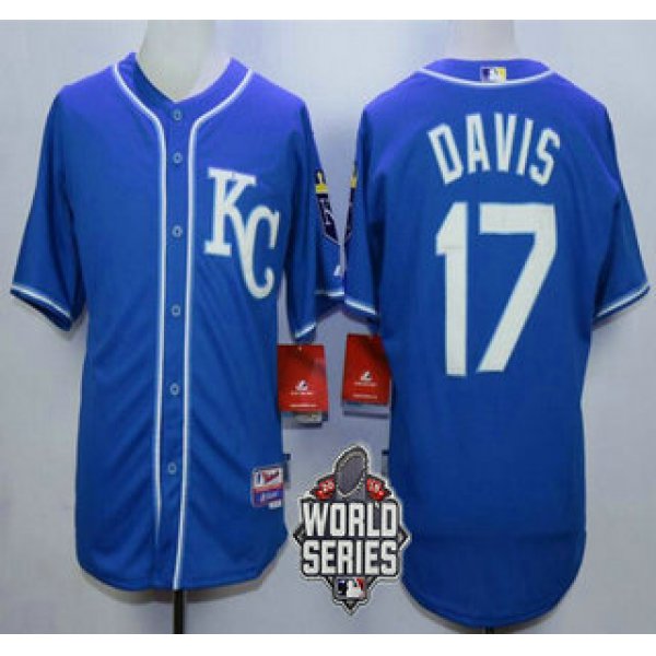 Men's Kansas City Royals #17 Wade Davis KC Blue Alternate Baseball Jersey With 2015 World Series Patch