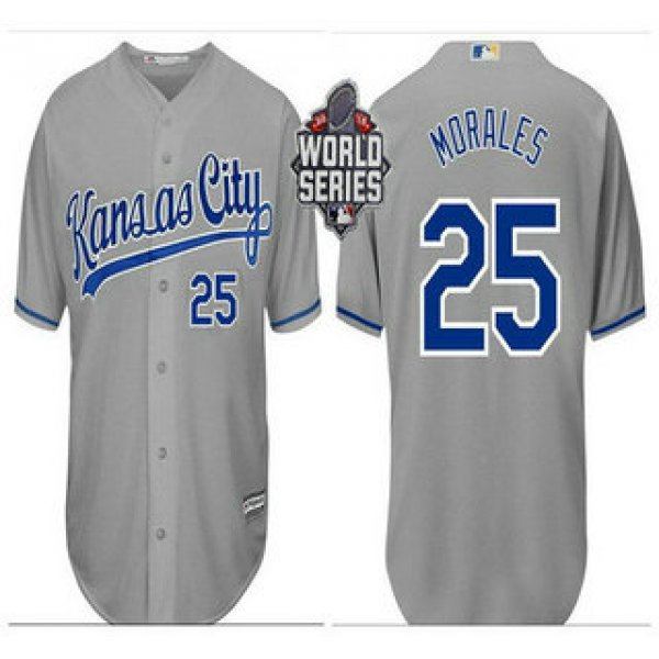 Men's Kansas City Royals #25 Kendrys Morales Gray Away Baseball Jersey With 2015 World Series Patch