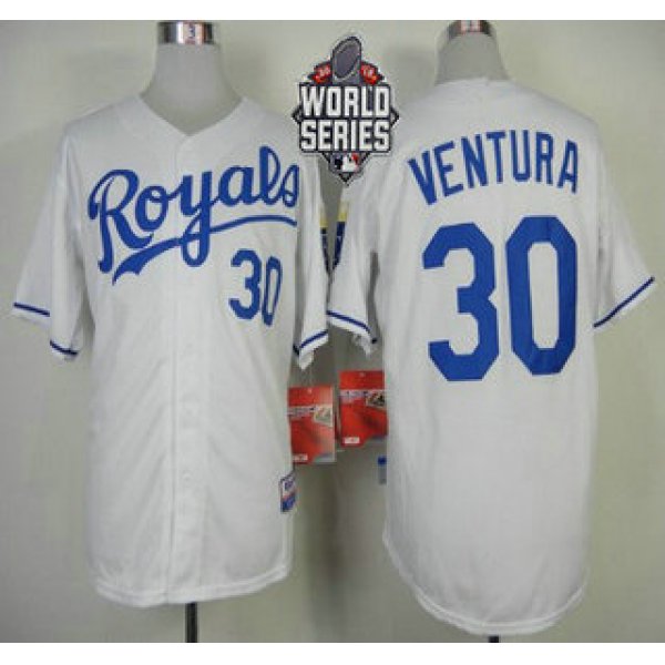 Men's Kansas City Royals #30 Yordano Ventura White Home Baseball Jersey With 2015 World Series Patch