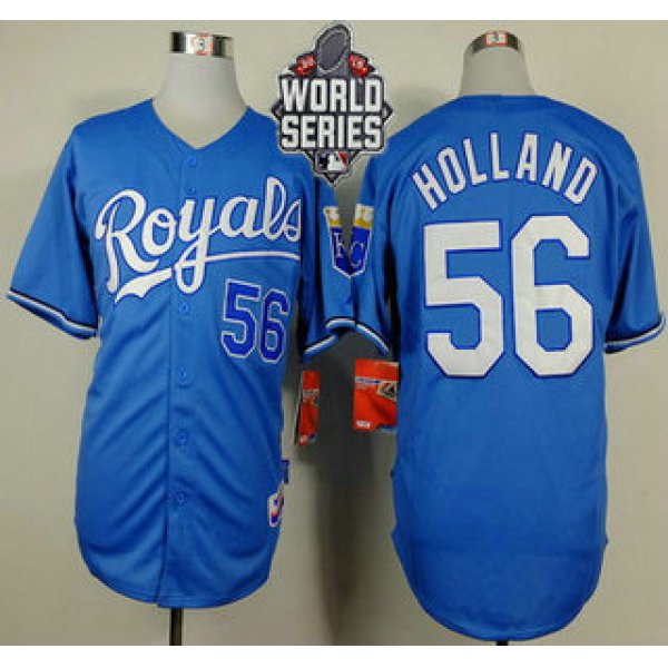 Men's Kansas City Royals #56 Greg Holland Light Blue Alternate Baseball Jersey With 2015 World Series Patch