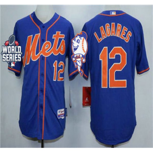 Men's New York Mets #12 Juan Lagares Royal Blue Orange Cool Base Jersey with World Series Participant