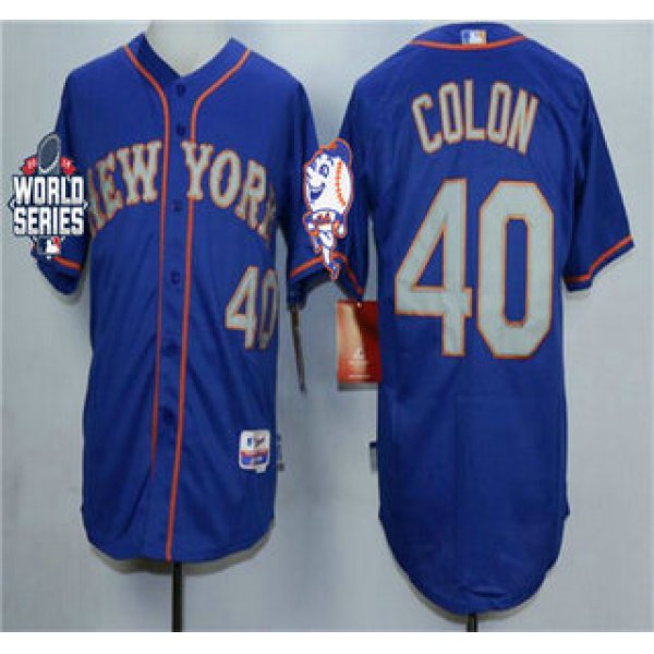 New York Mets #40 Bartolo Colon Royal Blue Gray Cool Base Jersey with World Series Participant Patch