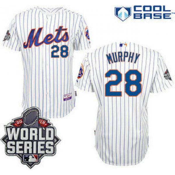 New York Mets Authentic #28 Daniel Murphy Home White Pinstripe 2015 World Series Patch Jersey