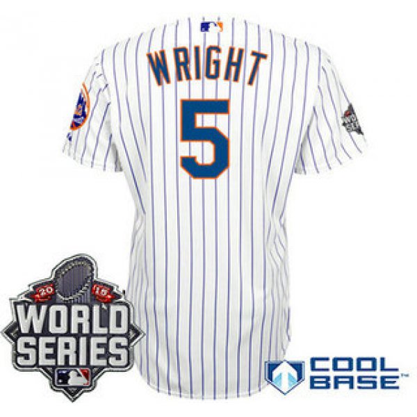 New York Mets Authentic #5 David Wright Home White Pinstripe 2015 World Series Patch Jersey