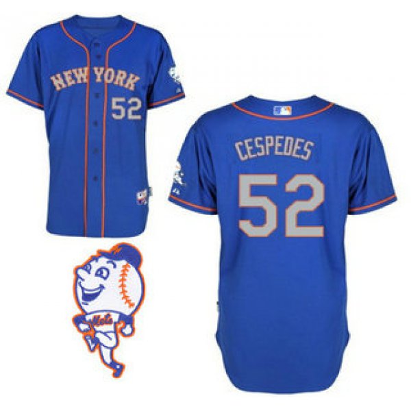 Men's New York Mets #52 Yoenis Cespedes Alternate Blue With Gray MLB Cool Base Jersey With 2015 Mr. Met Patch