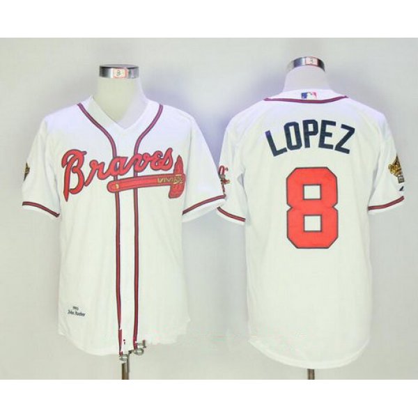 Men's Atlanta Braves #8 Javy Lopez White Home Throwback 1995 World Series with 30th Patch Stitched MLB Mitchell & Ness Jersey
