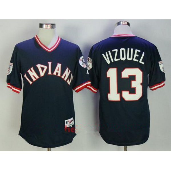 Men's Cleveland Indians #13 Omar Vizquel Retired Navy Blue Pullover Stitched MLB Majestic Flex Base Jersey