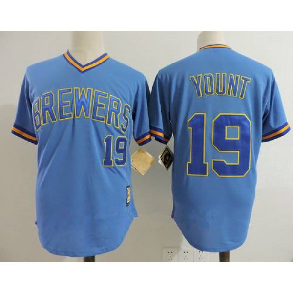 Men's Milwaukee Brewers #19 Robin Yount Light Blue Pullover Throwback Cooperstown Collection Stitched MLB Mitchell & Ness Jersey