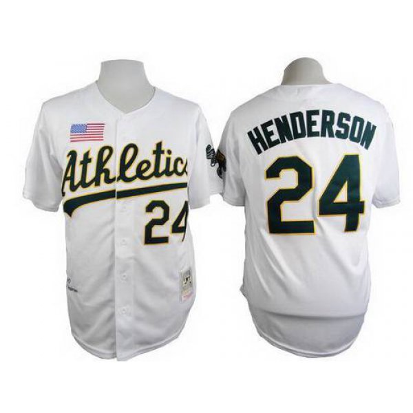 Men's Oakland Athletics #24 Rickey Henderson 1990 White Mitchell & Ness Jersey