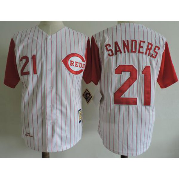 Mitchell And Ness 1997 Reds #21 Reggie Sanders White Strip Throwback Stitched MLB Jersey