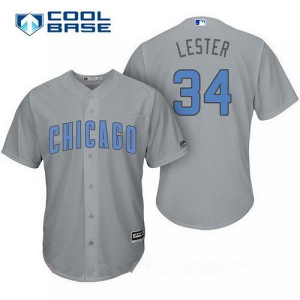 Men's Chicago Cubs #34 Jon Lester Gray with Baby Blue Father's Day Stitched MLB Majestic Cool Base Jersey