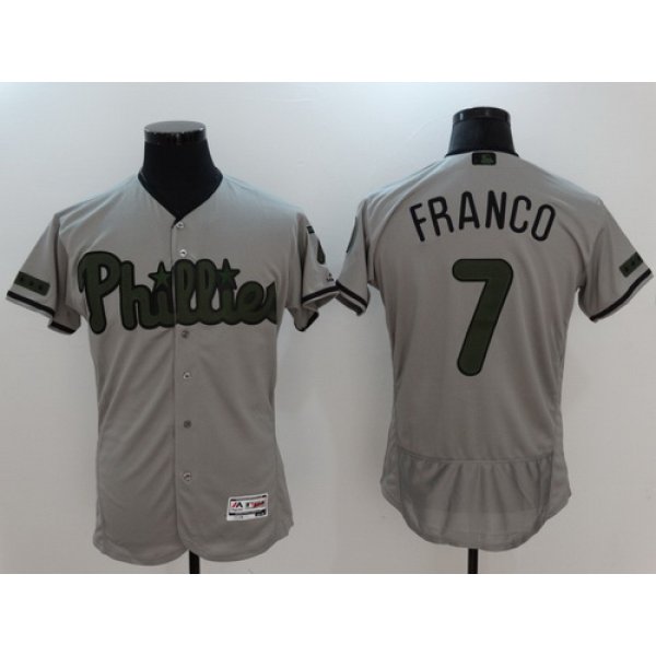 Men's Philadelphia Phillies #7 Maikel Franco Gray With Green Memorial Day Stitched MLB Majestic Flex Base Jersey