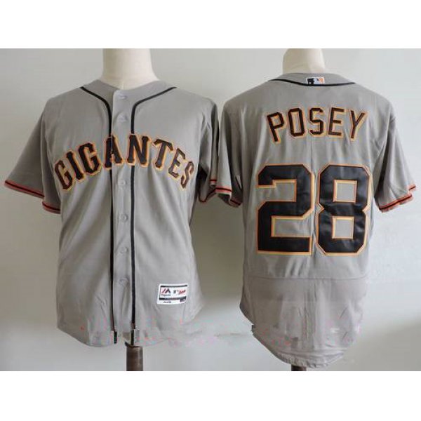 Men's San Francisco Giants #28 Buster Posey Gray Gigantes Stitched MLB Majestic Flex Base Jersey