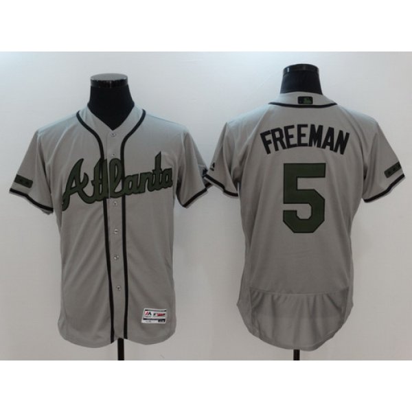 Men's Atlanta Braves #5 Freddie Freeman Gray With Green Memorial Day Stitched MLB Majestic Flex Base Jersey