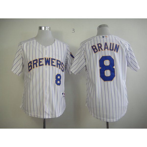 Milwaukee Brewers #8 Braun White Pinstripe Jersey