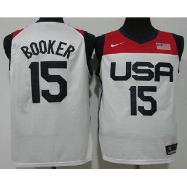 Men's USA Basketball #15 Devin Booker 2021 White Olympics Stitched Home Jersey