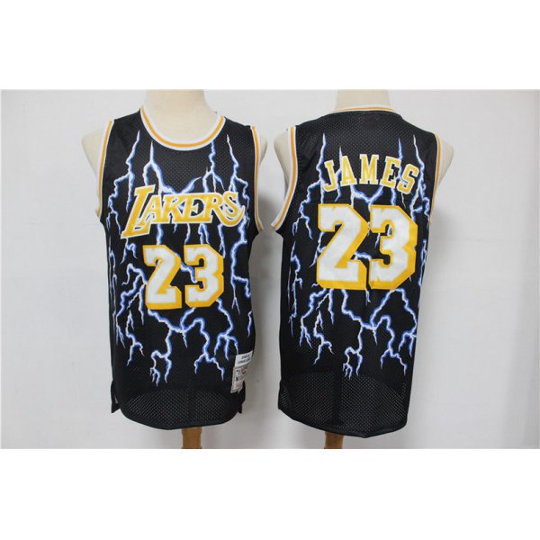 Men's Los Angeles Lakers #23 LeBron James Black Lightning Hardwood Classics Soul Swingman Throwback Jersey