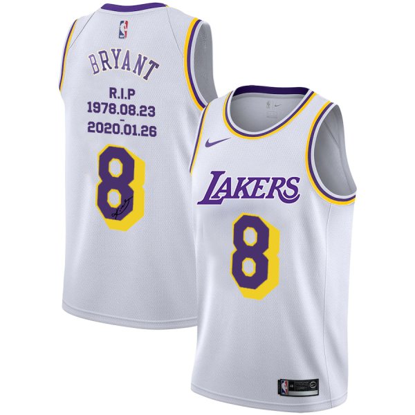 Men's Los Angeles Lakers #8 Kobe Bryant White R.I.P Signature Swingman Jerseys