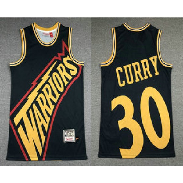 Men's Golden State Warriors #30 Stephen Curry Black Big Face Mitchell Ness Hardwood Classics Soul Swingman Throwback Jersey