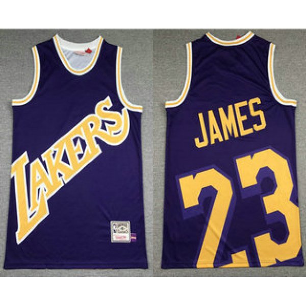 Men's Los Angeles Lakers #23 LeBron James Purple Big Face Mitchell Ness Hardwood Classics Soul Swingman Throwback Jersey