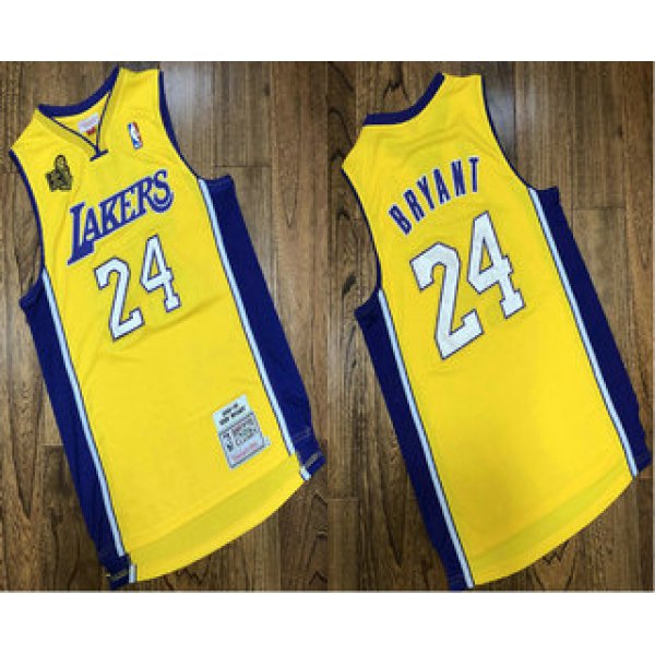 Men's Los Angeles Lakers #24 Kobe Bryant Yellow 2009 NBA Champions Patch Hardwood Classics Jersey