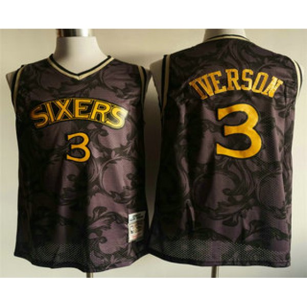 Men's Philadelphia 76ers #3 Allen Iverson 1996-97 Purple With Yellow Hardwood Classics Soul Swingman Throwback Jersey