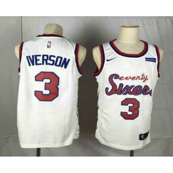 Men's Philadelphia 76ers #3 Allen Iverson White 2019-20 Hardwood Classics Jersey With The Sponsor Logo