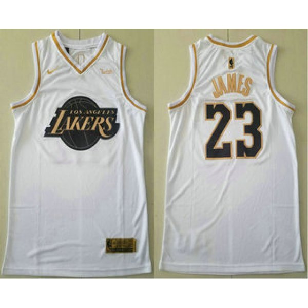 Men's Los Angeles Lakers #23 LeBron James White Gold Nike Swingman Stitched NBA Jersey