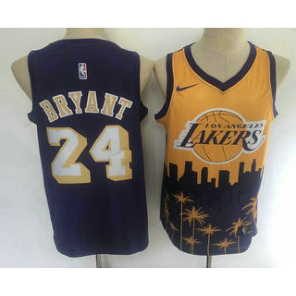 Men's Los Angeles Lakers #24 Kobe Bryant Purple with Yellow Salute Nike Swingman Stitched NBA Jersey