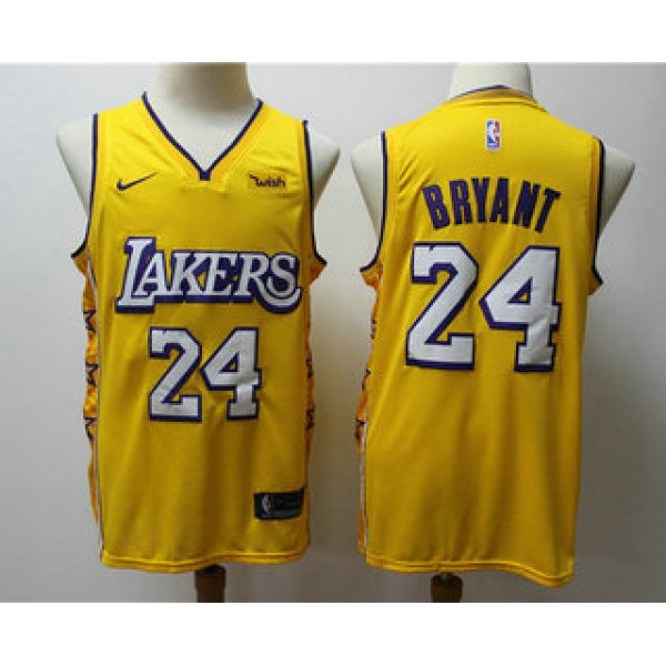 Men's Los Angeles Lakers #24 Kobe Bryant Yellow 2020 Nike City Edition Swingman Jersey With The Sponsor Logo