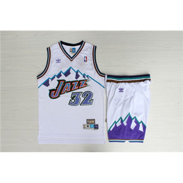 Jazz 32 Karl Malone White Hardwood Classics Jersey(With Shorts)