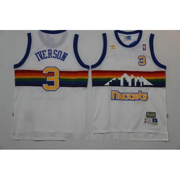 Men's Denver Nuggets #3 Allen Iverson White Rainbow Hardwood Classics Soul Swingman Throwback Jersey