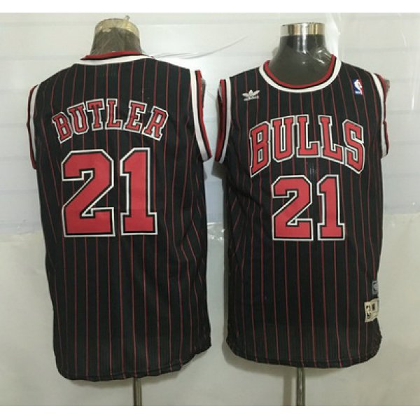 Men's Chicago Bulls #21 Jimmy Butler Black Pinstripe Hardwood Classics Soul Swingman Throwback Jersey