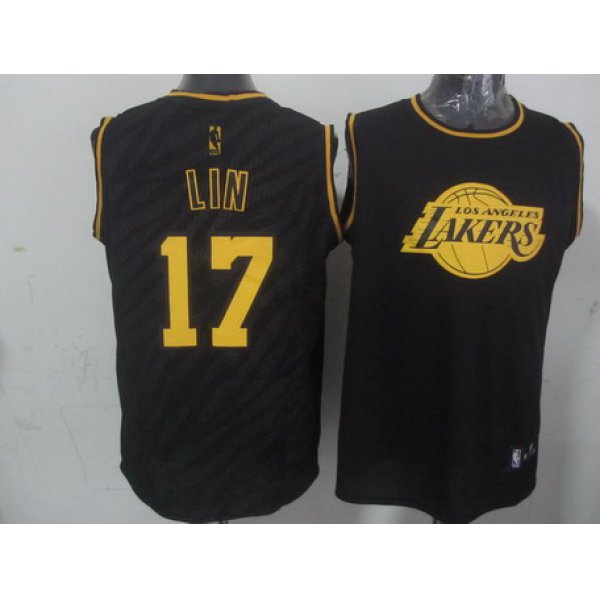 Los Angeles Lakers #17 Jeremy Lin Revolution 30 Swingman 2014 Black With Gold Jersey