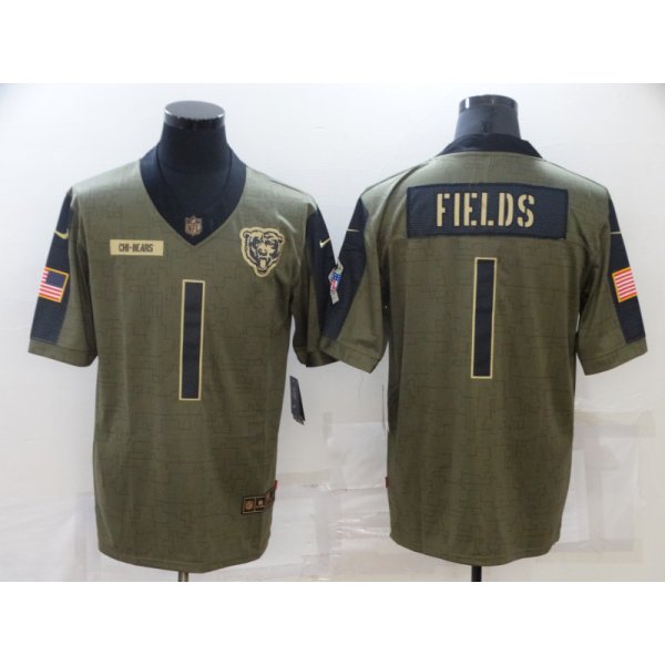 Men's Chicago Bears #1 Justin Fields 2021 Olive Salute To Service Limited Stitched Jersey