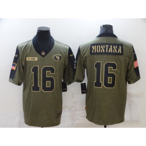 Men's San Francisco 49ers #16 Joe Montana 2021 Olive Salute To Service Limited Stitched Jersey