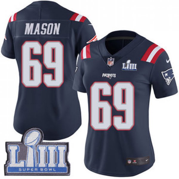 #69 Limited Shaq Mason Navy Blue Nike NFL Women's Jersey New England Patriots Rush Vapor Untouchable Super Bowl LIII Bound