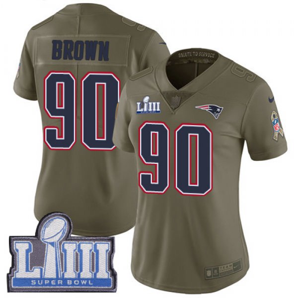 #90 Limited Malcom Brown Olive Nike NFL Women's Jersey New England Patriots 2017 Salute to Service Super Bowl LIII Bound