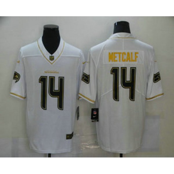 Men's Seattle Seahawks #14 D.K. Metcalf White 100th Season Golden Edition Jersey