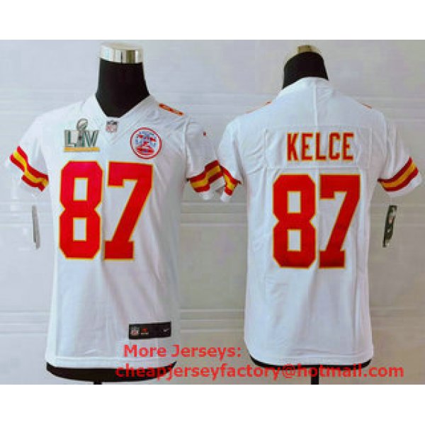 Youth Kansas City Chiefs #87 Travis Kelce White 2021 Super Bowl LV Vapor Untouchable Stitched Nike Limited NFL Jersey