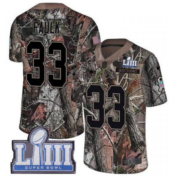 #33 Limited Kevin Faulk Camo Nike NFL Youth Jersey New England Patriots Rush Realtree Super Bowl LIII Bound