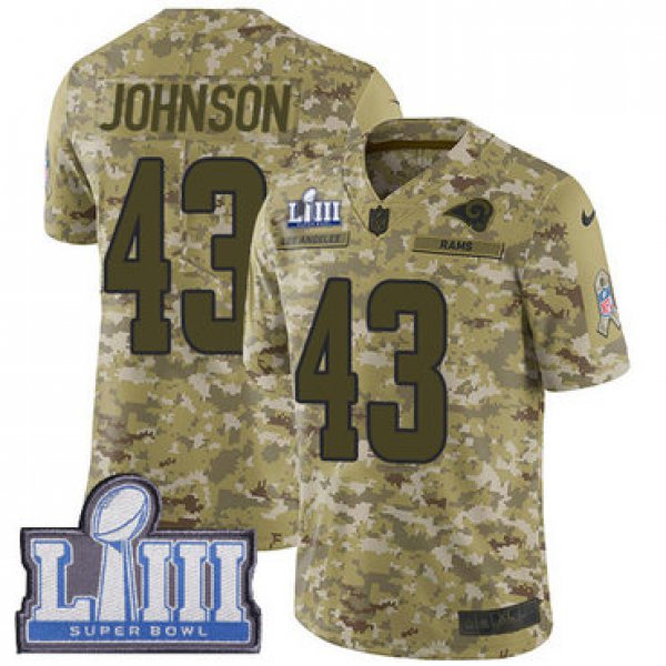 #43 Limited John Johnson Camo Nike NFL Youth Jersey Los Angeles Rams 2018 Salute to Service Super Bowl LIII Bound