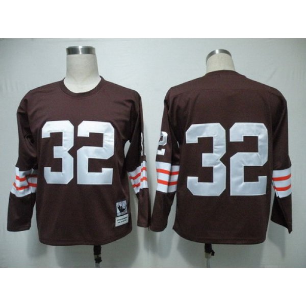 Cleveland Browns #32 Jim Brown Brown Long-Sleeved Throwback Jersey