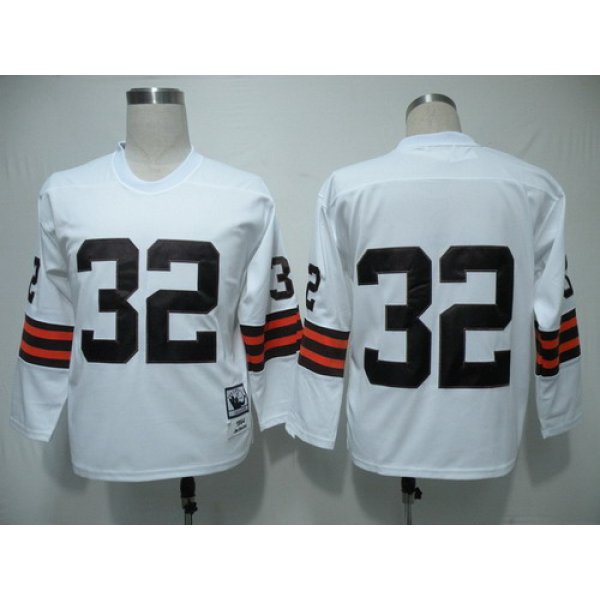 Cleveland Browns #32 Jim Brown White Long-Sleeved Throwback Jersey