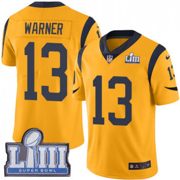 #13 Limited Kurt Warner Gold Nike NFL Youth Jersey Los Angeles Rams Rush Vapor Untouchable Super Bowl LIII Bound