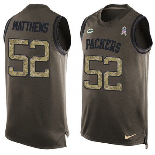 Men's Green Bay Packers #52 Clay Matthews Green Salute to Service Hot Pressing Player Name & Number Nike NFL Tank Top Jersey