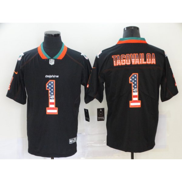Men's Miami Dolphins #1 Tua Tagovailoa 2020 USA Flag Fashion Black Color Rush Stitched Nike Limited Jersey