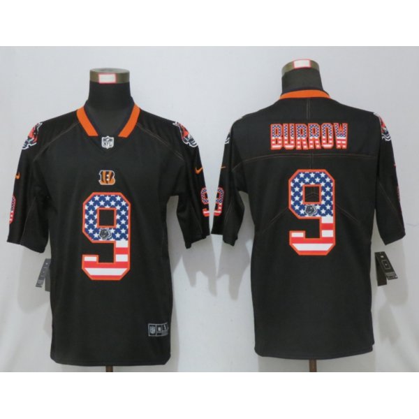 Men's Cincinnati Bengals #9 Joe Burrow 2020 USA Flag Fashion Black Color Rush Stitched Nike Limited Jersey
