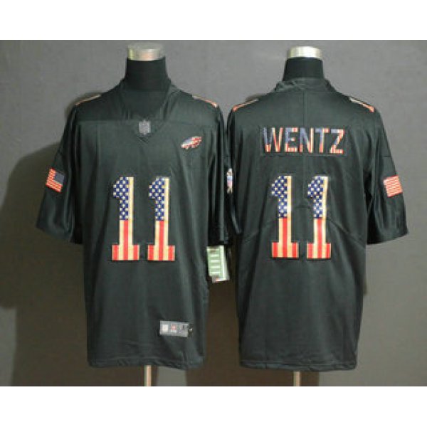 Men's Philadelphia Eagles #11 Carson Wentz 2019 Black Salute To Service USA Flag Fashion Limited Jersey